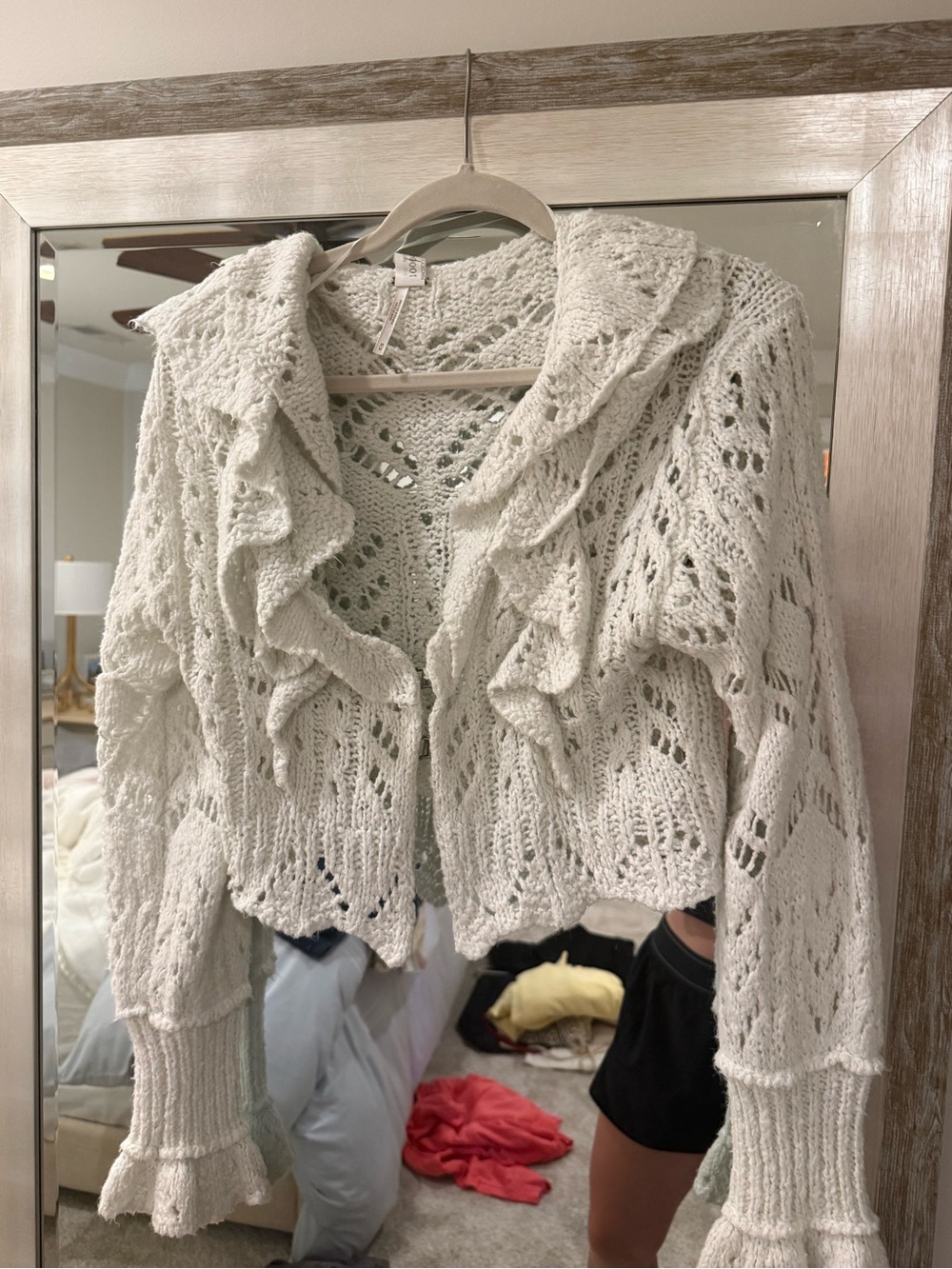 Free People Cream Open-Knit Ruffle Cardigan